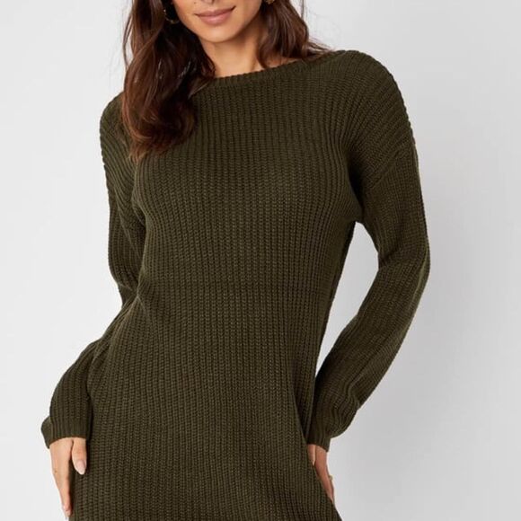 Lulus Backless/Reversible Knit Sweater Mini Dress in Olive Sz Small - Picture 1 of 6